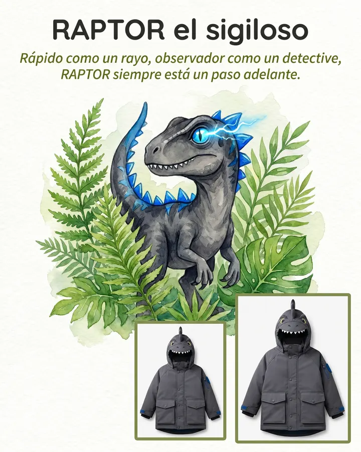 Ilustración de cuento de RAPTOR, el velociraptor sigiloso, entre helechos