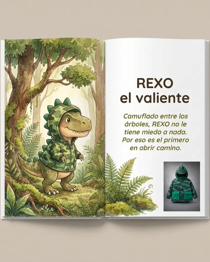 Ilustración de cuento de REXO, el T-Rex valiente, con su parka en miniatura